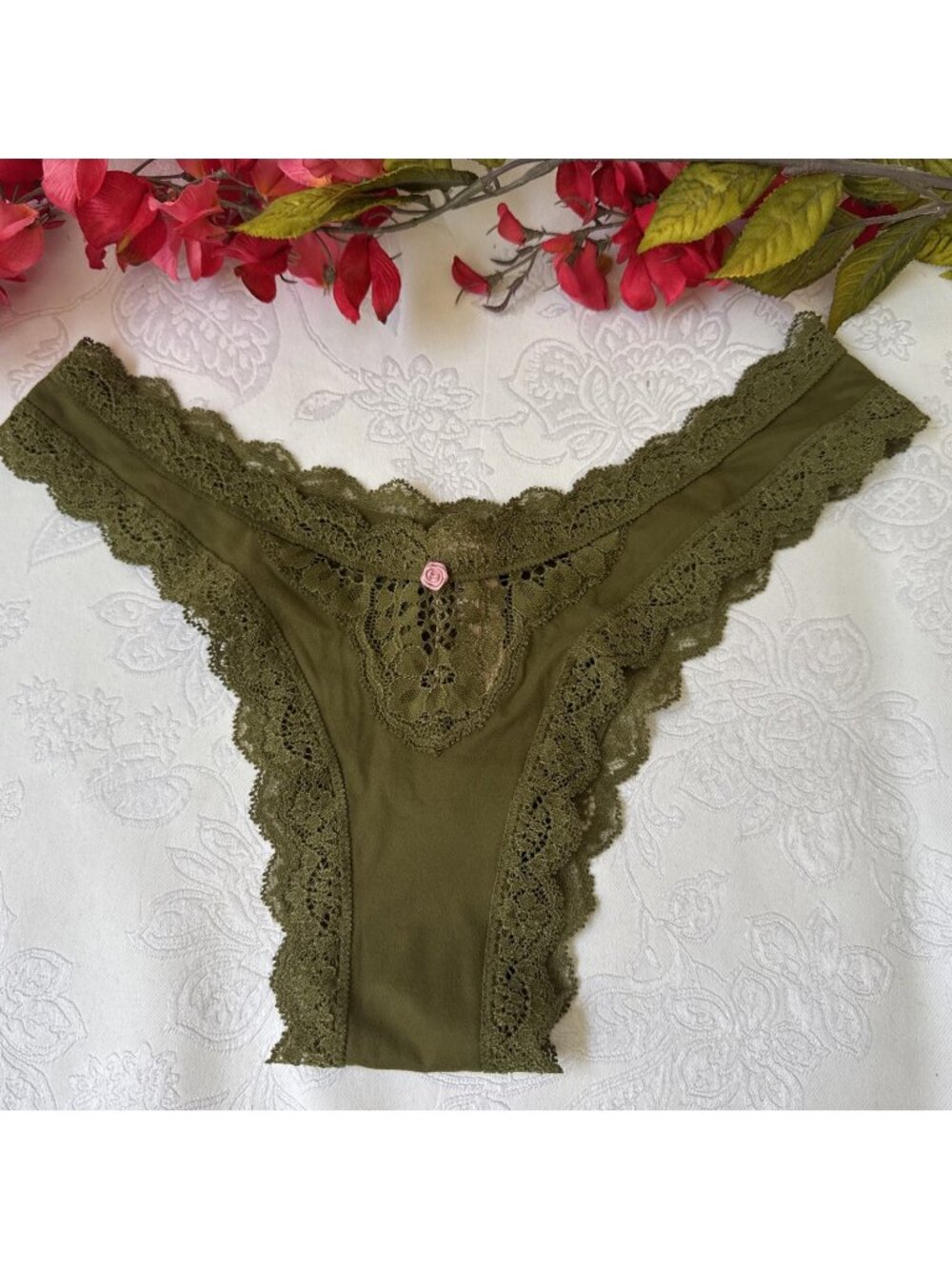 VICTORIA'S SECRET XS GREEN SILKY DREAM ANGELS LACE HI LEG BRAZILIAN PANTIES NWT